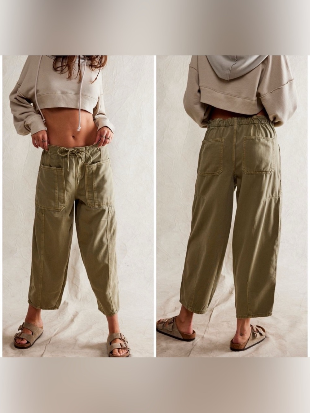 NWOT Free People We The Free Silverton Pull-On Barrel Jeans - aloe green tan XS